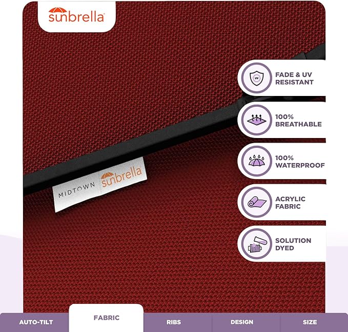 Midtown Umbrellas Sunbrella Umbrella 8 Feet Outdoor Umbrella With Sunbrella Red Acrylic Fabric - Auto-Tilt Aluminum Frame Patio Umbrella For Backyard, Deck, Garden, Pool - Black Pole