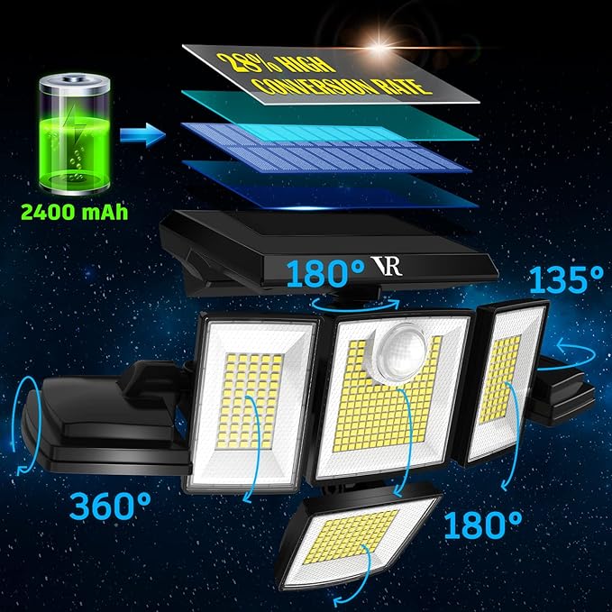 Solar Motion Sensor Flood Lights Outdoor - 496LEDs 3500LM 3 Lighting Modes 3 Levels Brightness, 6 Heads 360° Illumination, IP65 Solar Security Lights,for Porch Yard Patio Garage(2 Packs)