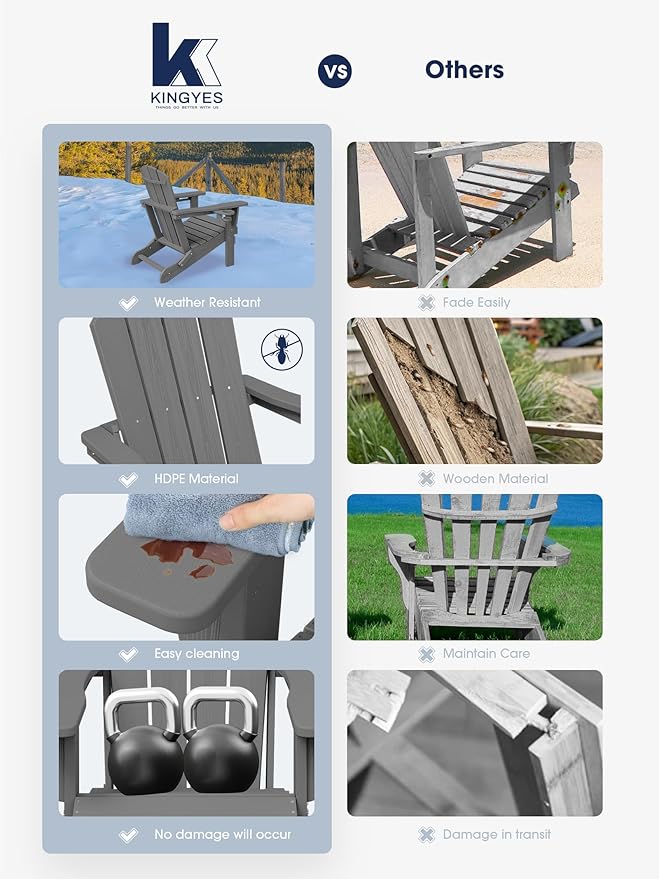 KINGYES Folding Adirondack Chair with Dual Cup Holders - HDPE All-Weather Outdoor Chairs, Grey