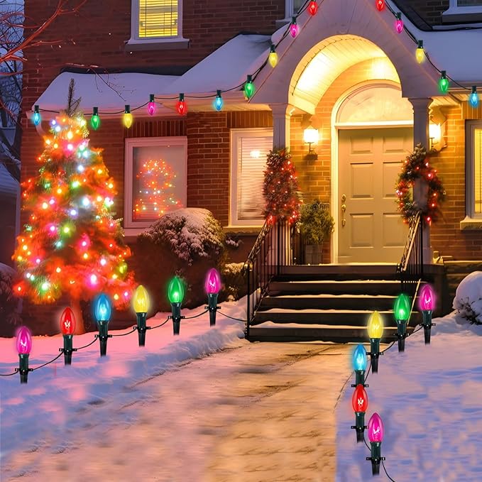 C9 Christmas Pathway String Lights Outdoor, 38Ft 25 Multicolor Marker Stakes, Yard Decorations for Walkway Lawn Sidewalk Driveway Holiday Christmas Decor