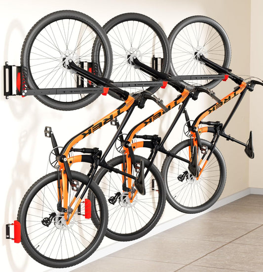 3-Pack Swivel Bike Rack Wall Mount, Bike Hangers for Garage, Space-Saving Vertical Bike Holder, Holds up to 77 lbs, Bicycle Wall Hanger Storage, No Heavy Lifting Required Indoor Hanging Bike Rack-Red