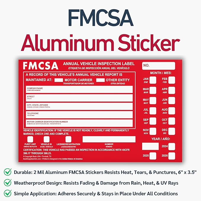 25 Pack 3-Ply Carbonless Annual Vehicle Inspection Report Forms with FMCSA Red Aluminum Labels & White Mylar Laminate Vinyl Labels, DOT Inspection Forms and Stickers, Shrink-Wrapped, 8.5" x 11.75"