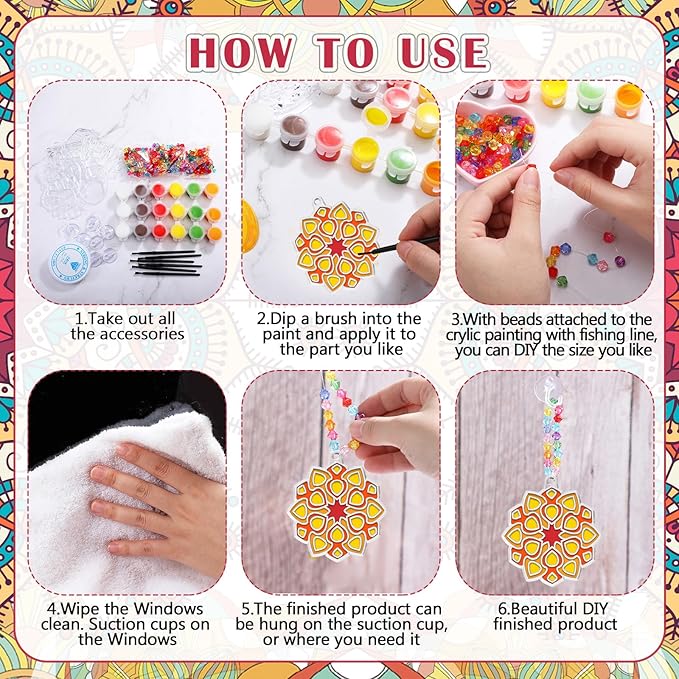 30 Sets Suncatchers Window Art Kits, DIY Sun Catchers Bulk Crafts Paint Your Own Window Ornaments for Boys Girls Classroom Home Party Birthday Activity Decor(Mandala Style)