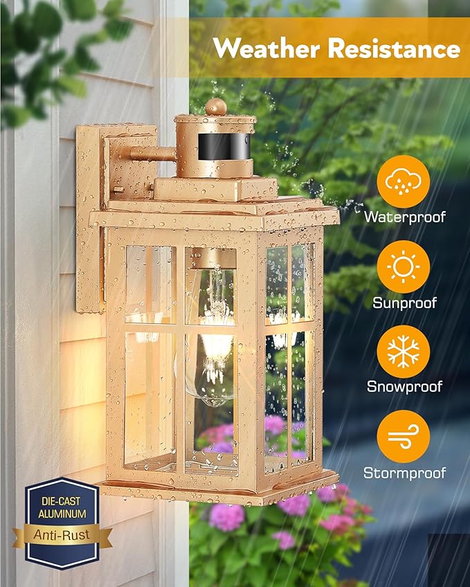 Motion Sensor Outside Lights for House, Modern Dusk to Dawn Outdoor Lighting, 2 Pack Gold Anti-Rust Outdoor Wall Lights with Transparent Glass, Waterproof Outdoor Porch Lights for House, Patio