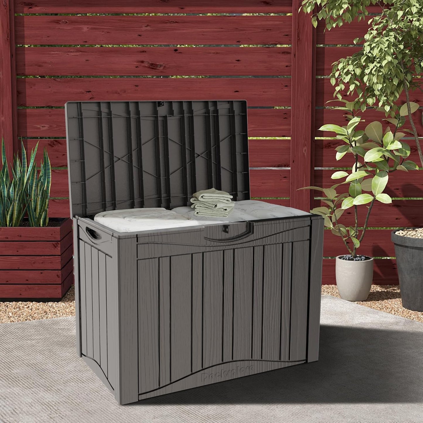 50GAL Brown Deck Box with Special Pattern & Lock Hole – Waterproof, SGS - Approved UV Resistance, Stylish Storage for Outdoor Cushions & Decor, Effortless Assembly