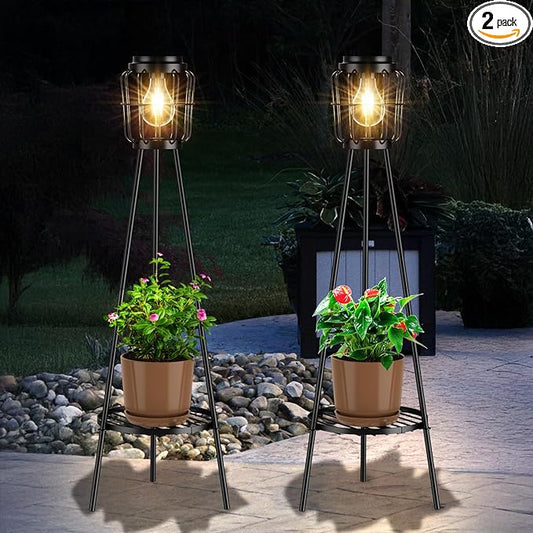 2 Pack Solar Lights Outdoor with Plant Stands, Solar Floor Lamp with LED Edison Bulbs for Garden Yard Pathway Driveway Front/Back Porch Decoration