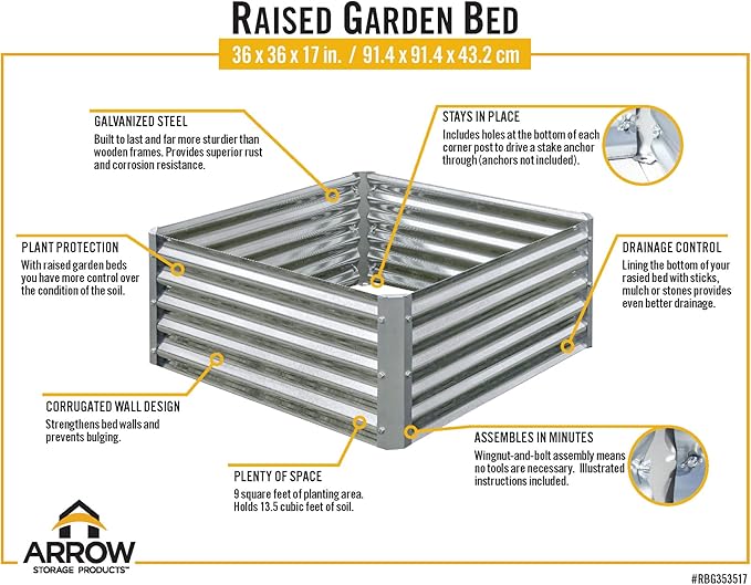 Arrow Sheds GrowIT Galvanized Steel Raised Flower and Plant Bed for The Garden or Greenhouse, 36" x 36" x 17"