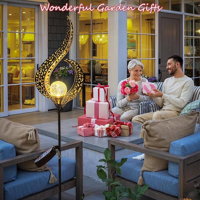 HOMEIMPRO Outdoor Garden Solar Lights Stake，Crackle Glass Globe,Metal Flower Waterproof LED Fairy Lights for Pathway,Lawn,Patio or Courtyard,Gardening Gift (Bronze)