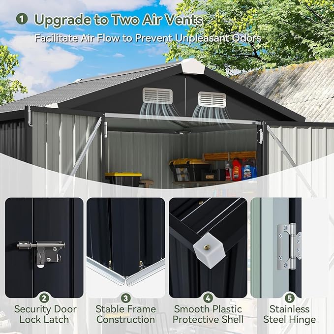 Aoxun 6'x4' Outdoor Storage Shed with Base Galvanized Steel Metal Garden Shed for Patio, Lawn & Garden Black, 6' x 4'W/Base