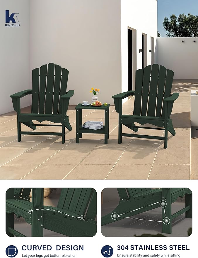 KINGYES HDPE Adirondack Chair Set of 4, Classic All-Weather Adirondack Chair, Green