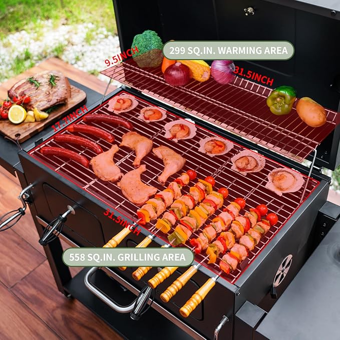 Kenadne Charcoal Grill Outdoor BBQ Grill, Extra Large Cooking Area 794 Square Inches with Two Individual & Adjustable Charcoal Tray, Foldable Side Tables for Outdoor Cooking grill Backyard