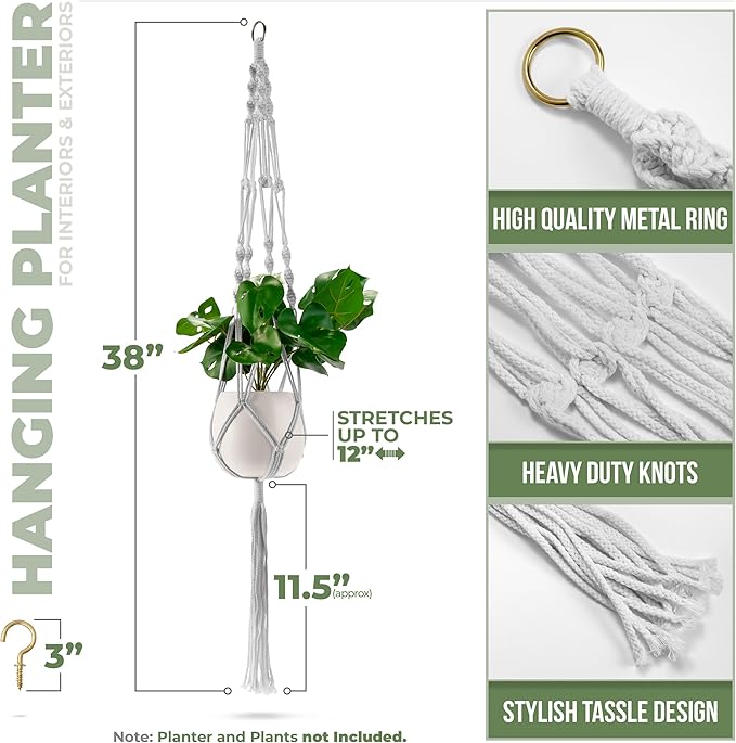 Sorbus Macrame Plant Hanger (8 Pack) Indoor Outdoor Hanging Plant Pots Cotton Rope, Elegant for Home, Patio, Garden (White)