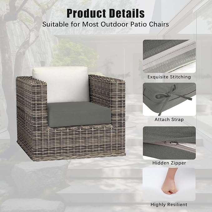 Favoyard Outdoor Chair Cushion 24 x 24 x 4 Inch Rainproof & 3-Year Fade Resistant Patio Furniture Cushions with Removable Cover and Adjustable Ties for Garden Sofa Couch Pads Set of 2, Dark Gray