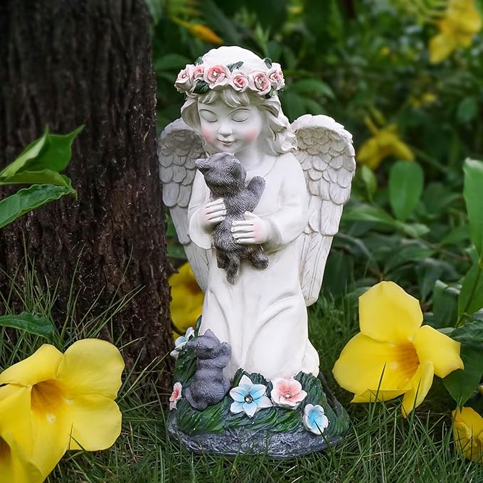 Angel Gifts for Women, Solor Statue for Garden, Angel and Cat Figurine with Lights, Outdoor Decorations for Yard Lawn Patio, Gifts for Mom Grandma Mother in Law Gardener Mother'Day