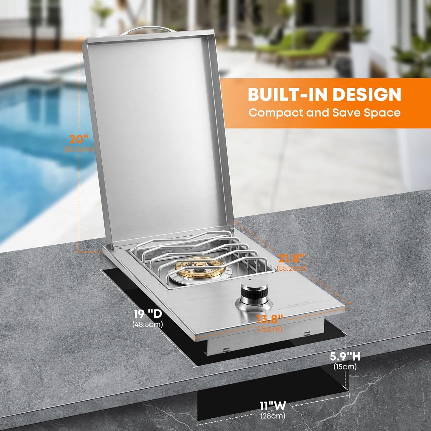 Stanbroil Built-in Stainless Steel Side Burner for Outdoor Kitchen - Liquid Propane Only