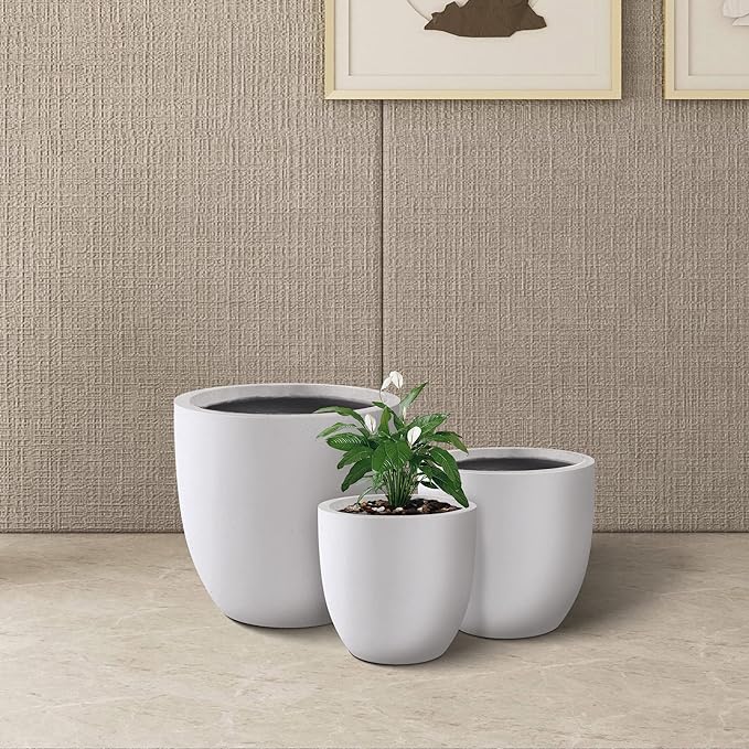 Kante 18",14",10" Dia Concrete Round Planters (Set of 3), Outdoor Indoor Large Planter Pots with Drainage Hole and Rubber Plug for Home Patio Garden, Pure White