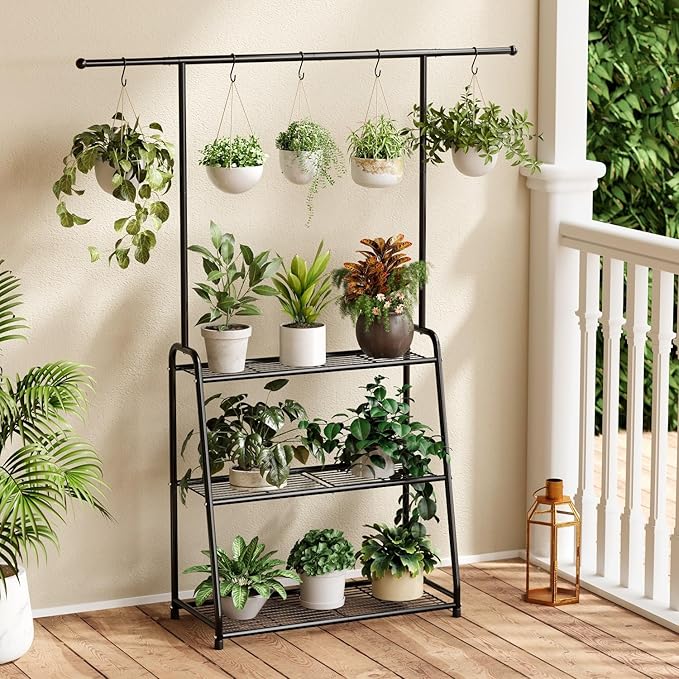 3-Tier Heavy-Duty Metal Plant Stand for Indoor and Outdoor Use, Hanging Plant Shelf for Multiple Flower Planter Holder, Tall Large Rack Ideal for Living Room, Garden, Balcony, Black