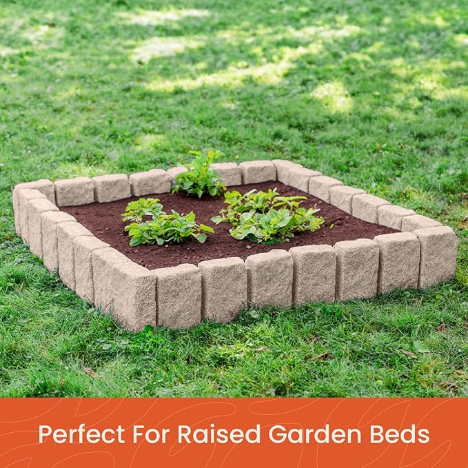 Beuta Landscape Edging | Garden Edging Border | Faux Stone Block XL for Lawn Edging, Flower Beds & Yard Edging – 10 Pack | Each Section Has 6 Blocks 48" L x 4" W x 9.5" H | 30 Spikes | Cobblestone
