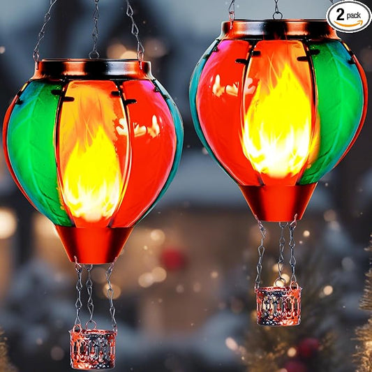 2 Pack Solar Hot Air Balloon Lantern with Flame, Hot Air Balloon Christmas Halloween Outdoor Decorations for Garden Yard Porch Decor, Large Hanging Outdoor Decor, Glass Solar Lantern Waterproof