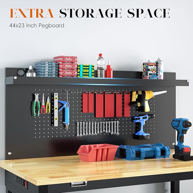 48" Heavy Duty Adjustable Workbench with Large Pegboard, Adjustable Work Table with Power Outlets & Lockable Wheels, Rubber Wood Workstation for Garage, Workshop, Office, Home, Commercial