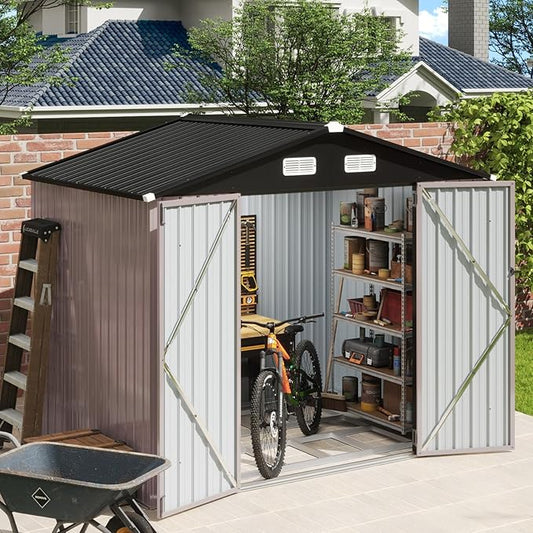Aoxun 7x5 FT Outdoor Storage Shed with Base Garden Metal Shed with Lockable Door Outdoor Large Shed for Tool, Garbage Can, Bike, Mower, Brown