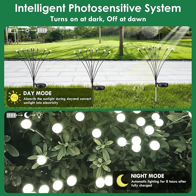 2025 Solar Lights Outdoor Waterproof, 2 Pack Solar Garden Lights, Solar Firefly Lights Outdoor Waterproof, Solar Twinkle Swaying Fairy Light for Yard Patio Pathway Garden Decoration (Cool White)