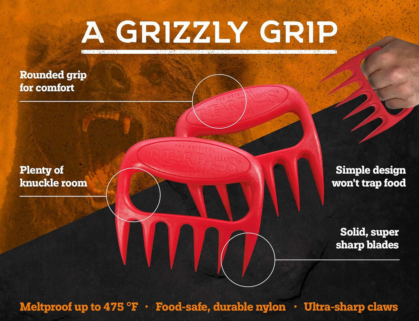 Bear Paws Meat Claws - The Original Meat Shredder Claws for Pulled Pork, USA Made - Easily Lift, Shred, Pull and Serve Pork, Chicken, Brisket and Turkey - Gift for Dad on Father's Day! (Red)