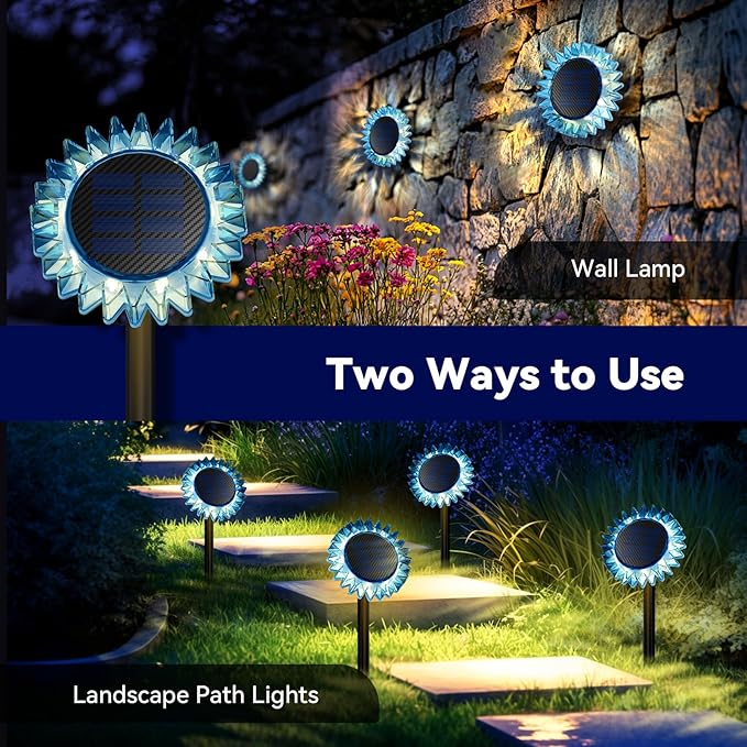 Hogni 6PK Solar Garden Lights, Ground Stake/Hang 2 in 1 Solar Sunflowers Outdoor Waterproof IP67, Outdoor Decor for Pathway Walkway Landscape Backyard Fence Decoration