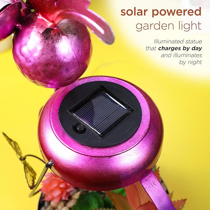 Alpine Corporation LYT288SLR-HH Solar-Powered Metal Flamingo w/Garden Enclosed LED Light, Solar Patio Décor, 16''H, Pink