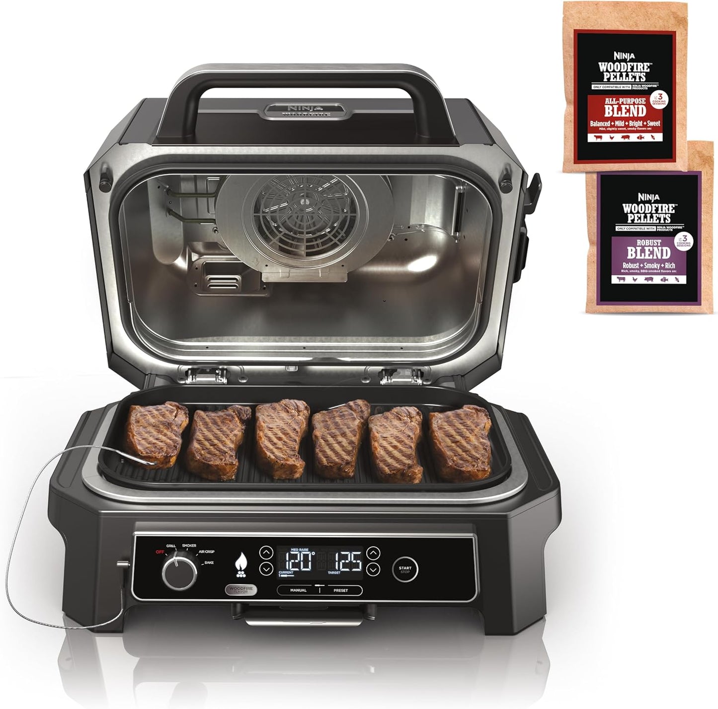 Ninja | Grill & Smoker | Outdoor Woodfire Pro XL | 4 in 1 Grill, BBQ Smoker, Air Fryer & Bake | Portable | Includes Built in Thermometer & 2 Woodfire Pellet Packs | Dark Grey | OG850