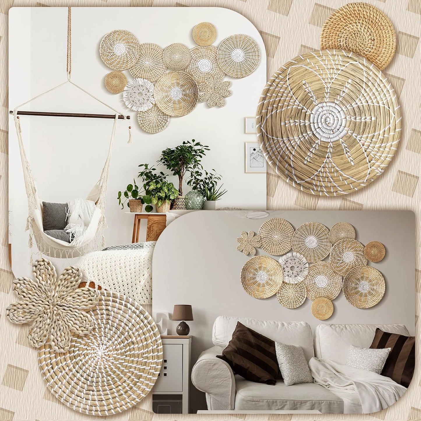 11 Pcs Boho Hanging Wall Basket Decor Handmade Woven Basket Wall Decorative Boho Wicker Baskets Placemats Round Farmhouse Bulrush Art for Rustic Home Decorations Christmas Gift(Fresh)