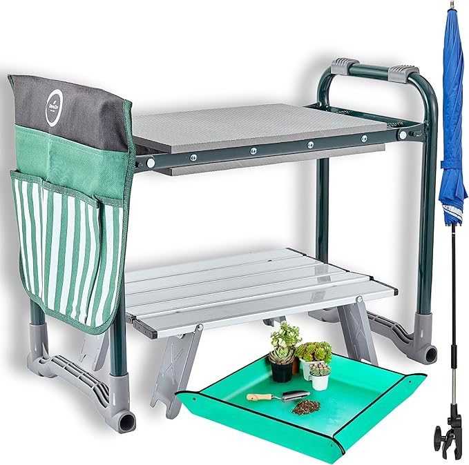 Garden Kneeler Seat Bench, Garden Kneeling Bench with Sunshade Umbrella, Ergonomic Handles, Folding Table, and Potting Mat, 10.2" Foam Knee Seat, Loading Capacity 330 Lbs