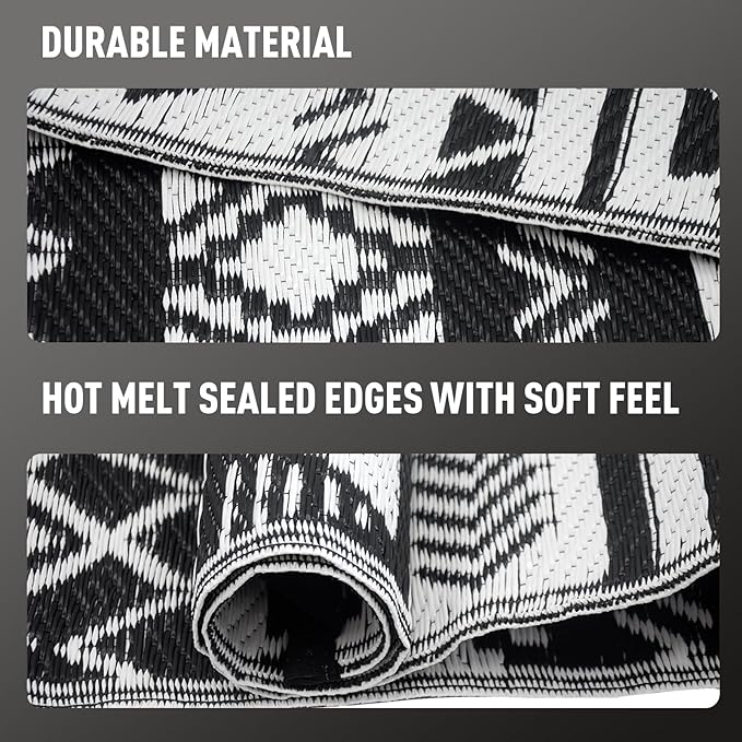 WILDROOTS 8x10 Feet Black and White Plastic Outdoor Rug, Stain Resistant Waterproof Reversible Outdoor Patio Rug, Fade Resistant Camping Rug