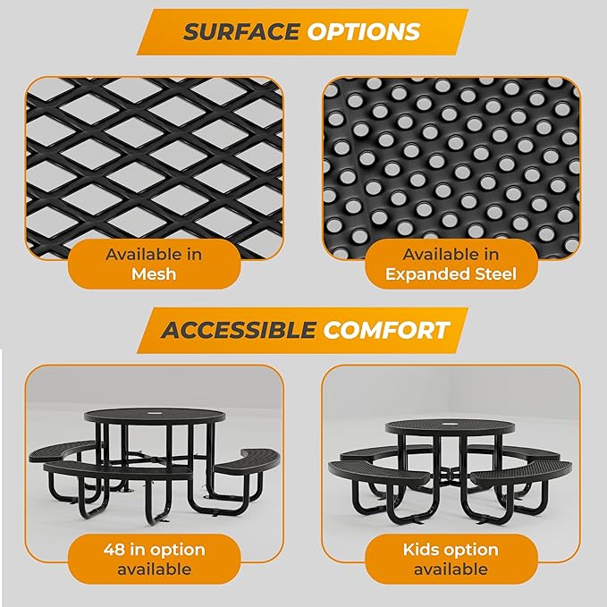 Metal Picnic Tables for Outdoors with Umbrella Hole - Coated Steel Heavy Duty Commercial Grade Table with Adjustable Seats (Blue, 38 in, Round, Expanded Steel)