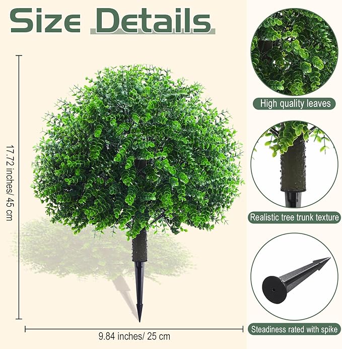Yunlly 6 Pcs 18 Inch Artificial Boxwood Ball Topiary Tree Fake Outdoor Plants Bush, UV Resistance Faux Shrubs with Spike Realistic Greenery Potted for Indoor Garden Yard Porch Patio Decor (Green)