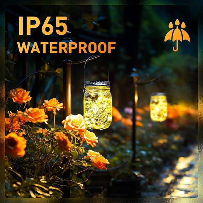 GIGALUMI Solar Mason Jar Lights, 8 Pack 30 Led String Fairy Lights Garden Lights Outdoor Waterproof Metal Lid Hanging Solar Lanterns for Outdoor, Garden, Patio, Lawn, Balcony Decoration