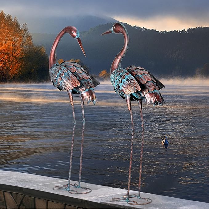 chisheen Crane Garden Statues Outdoor Yard Decorations Metal Heron Yard Art Bird Sculpture Decor for Outside Lawn Patio Large Size, for Women Mom,Set of 2