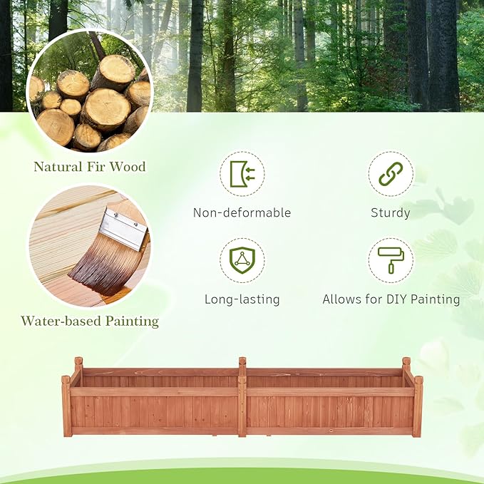 HAPPYGRILL Raised Garden Bed, Wood Elevated Flower Box with 8 Drain Holes, Liner, for Flowers, Vegetables, Herbs, Fruits, Outdoor Planter Box for Backyard, Garden, Lawn, 89" x 23.5" x 16"