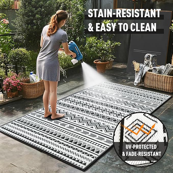 WILDROOTS 9x12 Feet Black and White Plastic Outdoor Rug, Stain Resistant Waterproof Reversible Outdoor Patio Rug, Fade Resistant Camping Rug