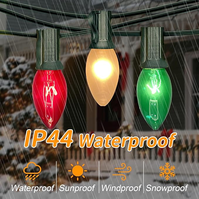 25FT C9 Christmas Lights Outdoor,Red White Green Christmas Lights with 26 Bulbs(1 Spare),C9/ E17 Base,Vintage Colored Christmas Lights for Garden, Yard, Party, Christmas Tree Decorations