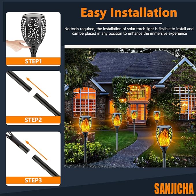 SANJICHA 4 Pack Super Larger Size Solar Flame Torch Extra Bright Tiki Lights Outdoor Decorative with Flickering Flame, Solar Outdoor Lights Waterproof Lamps for Outdoor use Garden Pathway Yard