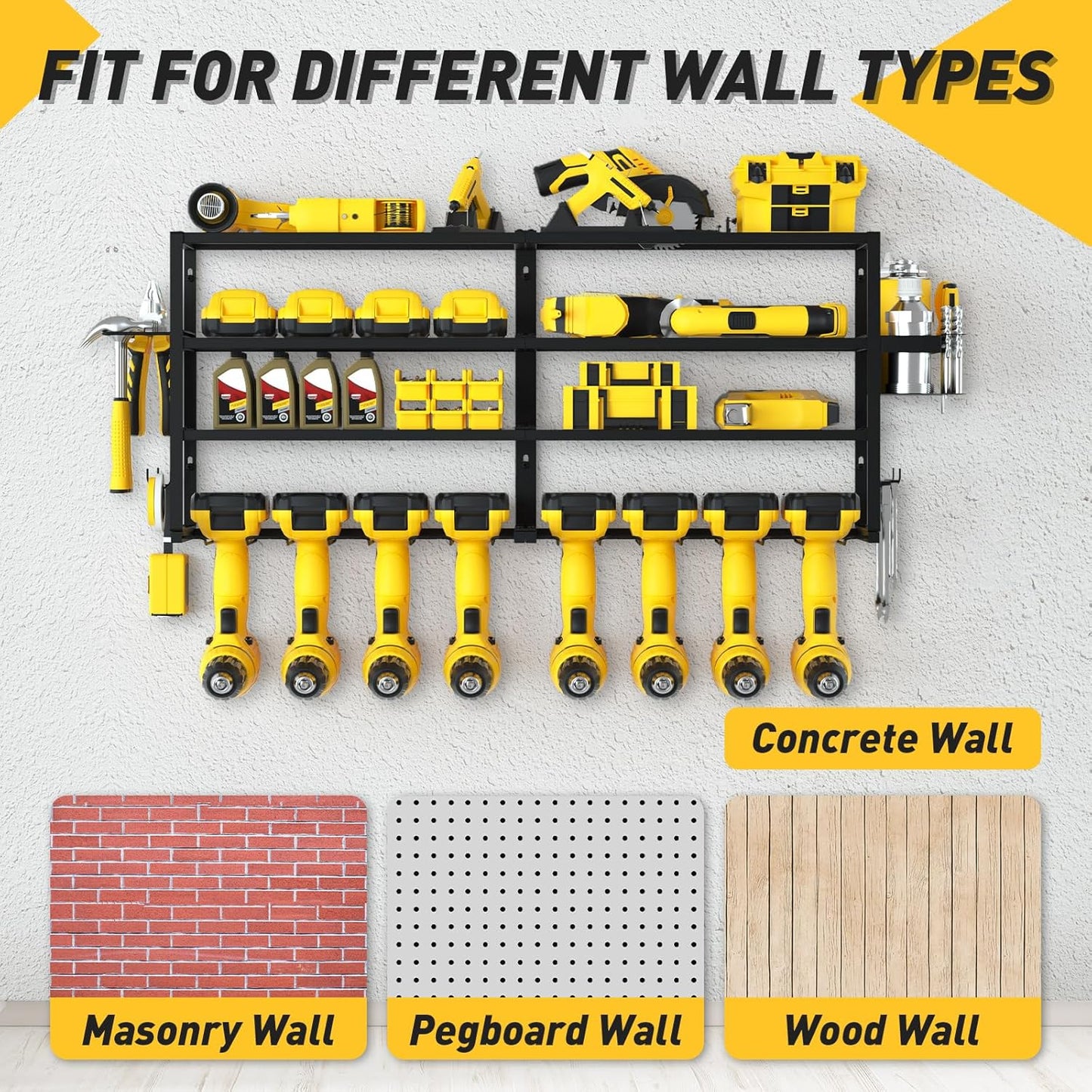 Large Power Tool Organizer Wall Mount for Fathers Dad, 4 Layers Heavy Duty Metal Garage Organization Loads 360lbs with 8 Cordless Drill Holder, Power Tool Shelf for Garage Workshop, Utility Racks
