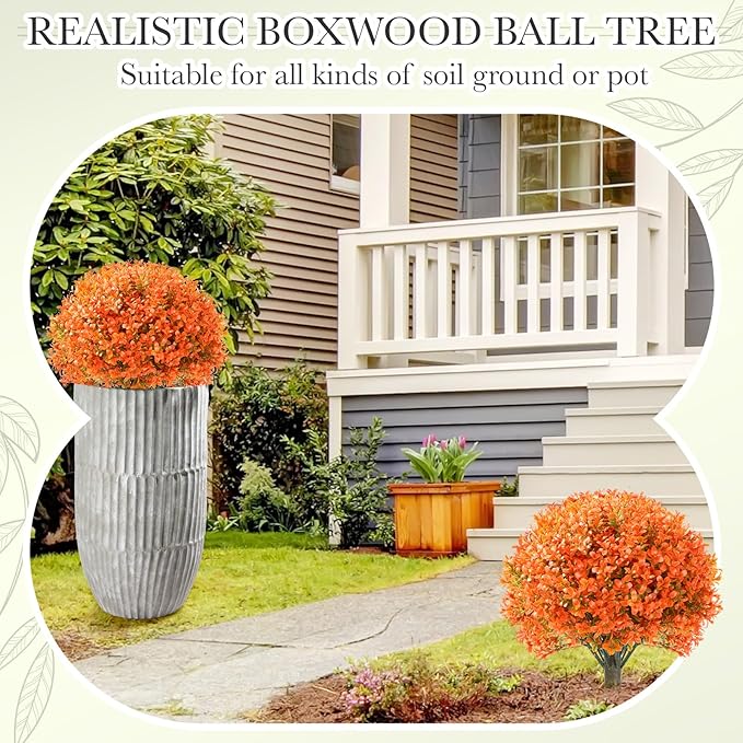 Yunlly 2 Pack 18" Artificial Boxwood Ball Bush Topiary Trees Fake Outdoor Plants, Realistic UV Resistance Faux Shrubs with Spike Greenery Topiary for Front Porch Garden Yard Patio Indoor (Orange)