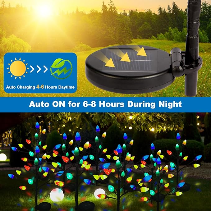 C7 Solar Christmas Lights Outdoor, 4Pack Christmas Pathway Lights with 48 LED Strawberry Multicolor Lights, 8 Modes Outdoor Waterproof Christmas Decorations Lights for Garden,Yard,Pathway (4 Pack)
