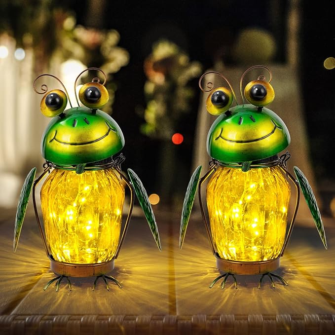 2 Pack Solar Lanterns Outdoor Waterproof Frog Hanging Solar Lantern, LED Glass Jar Outdoor Lanterns, Garden Lantern Lights for Yard Tree Table Xmas Metal Decoration
