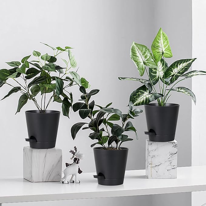 5 Pack 5 inch Self-Watering Pots, African Violets Planter with Drainage Holes and Reservoir, Black Plastic Planter for Indoor Outdoor Plants Flowers and Houseplants Black, 5 inch 5 pcs