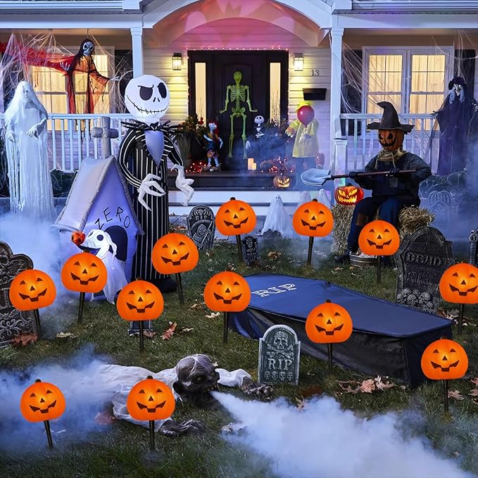 4 Pack Halloween Pumpkin Pathway Lights - 7Ft Outdoor Decorative String Lights with 4 Jack-O-Lantern Stake Lights for Halloween Yard, Garden, Walkway, Party and Lawn Decorations, Waterproof