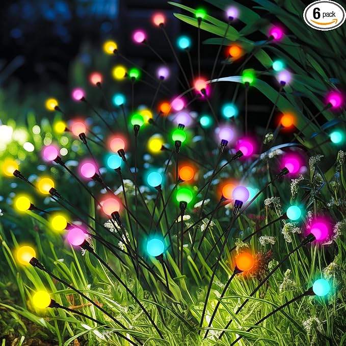 Solar Firefly Garden Lights - 60 LED Outdoor, Wind Sway, Waterproof for Yard, Patio, Pathway (6 Pack)