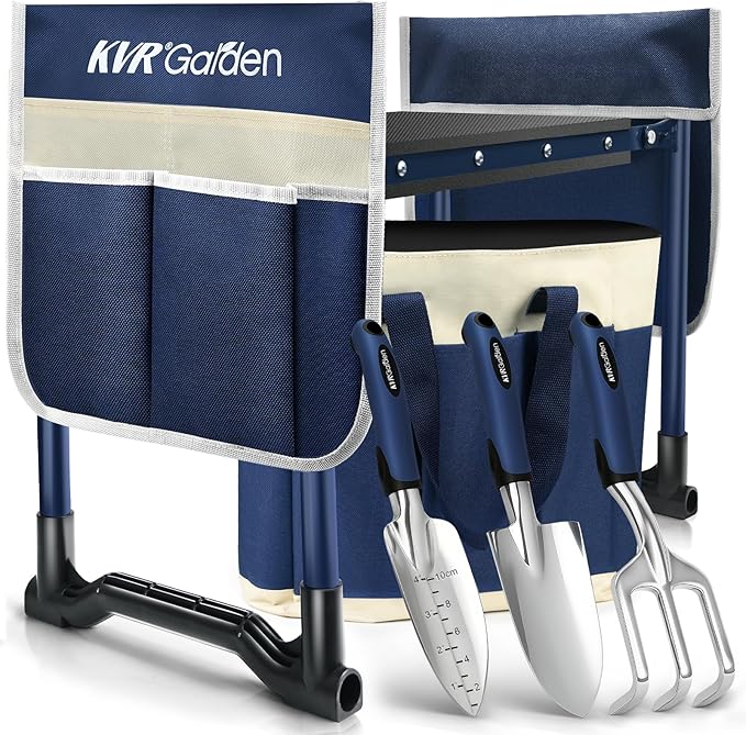 KVR Garden Kneeler and Seat Set 2025 Upgraded - Heavy Duty Foldable Bench Chair with 3 Tools & 2 Tool Pouch + Multi-Purpose Bag, Gardening Stool Gifts for Seniors, Women, Mom