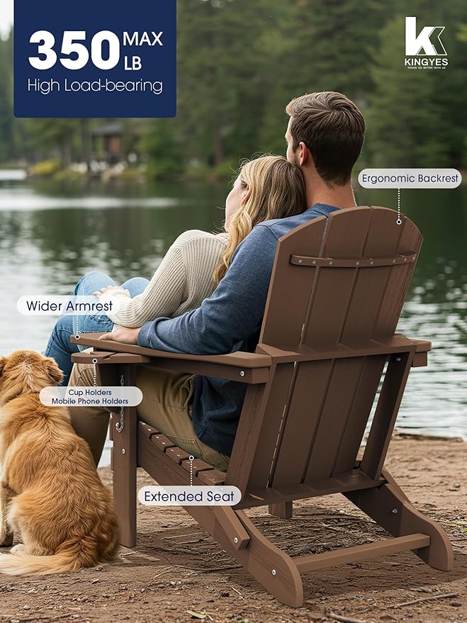 KINGYES Folding Adirondack Chair Set of 8, Dual Cup Holders & All-Weather HDPE, Wood-Like Patio Chair for Backyard, Camping, Pool & Fire Pit, Brown